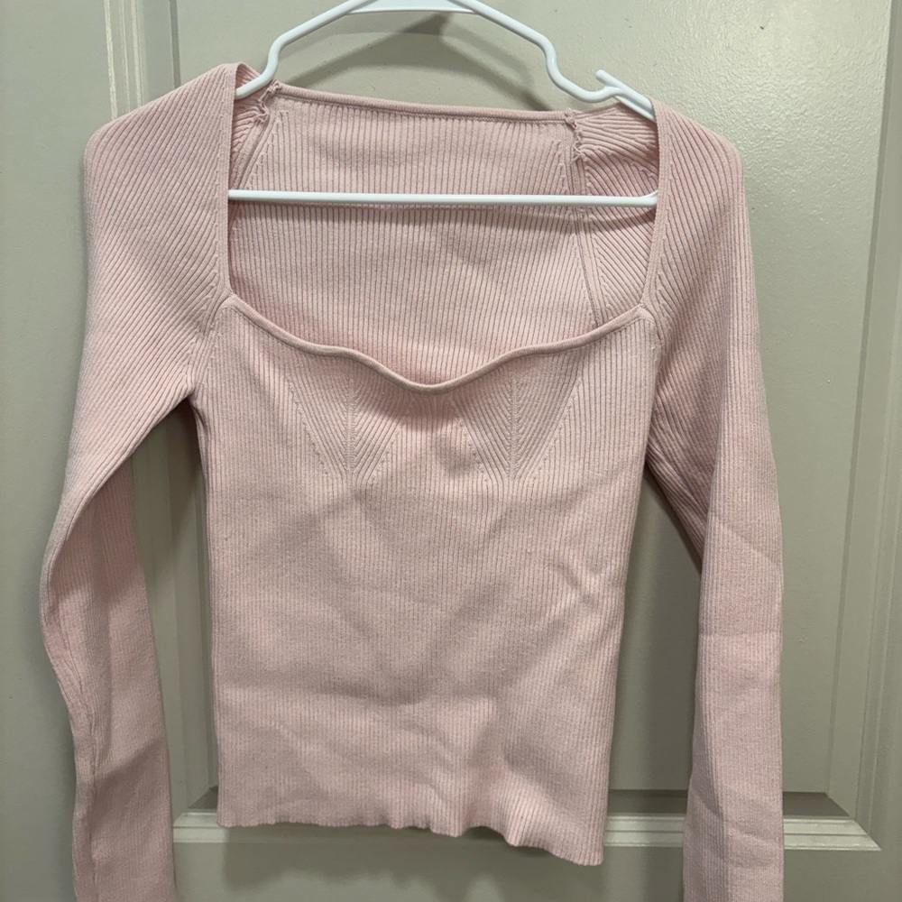Sweetheart Neck Ribbed Jacquard Grain Knit Sweater In light Pink Casual